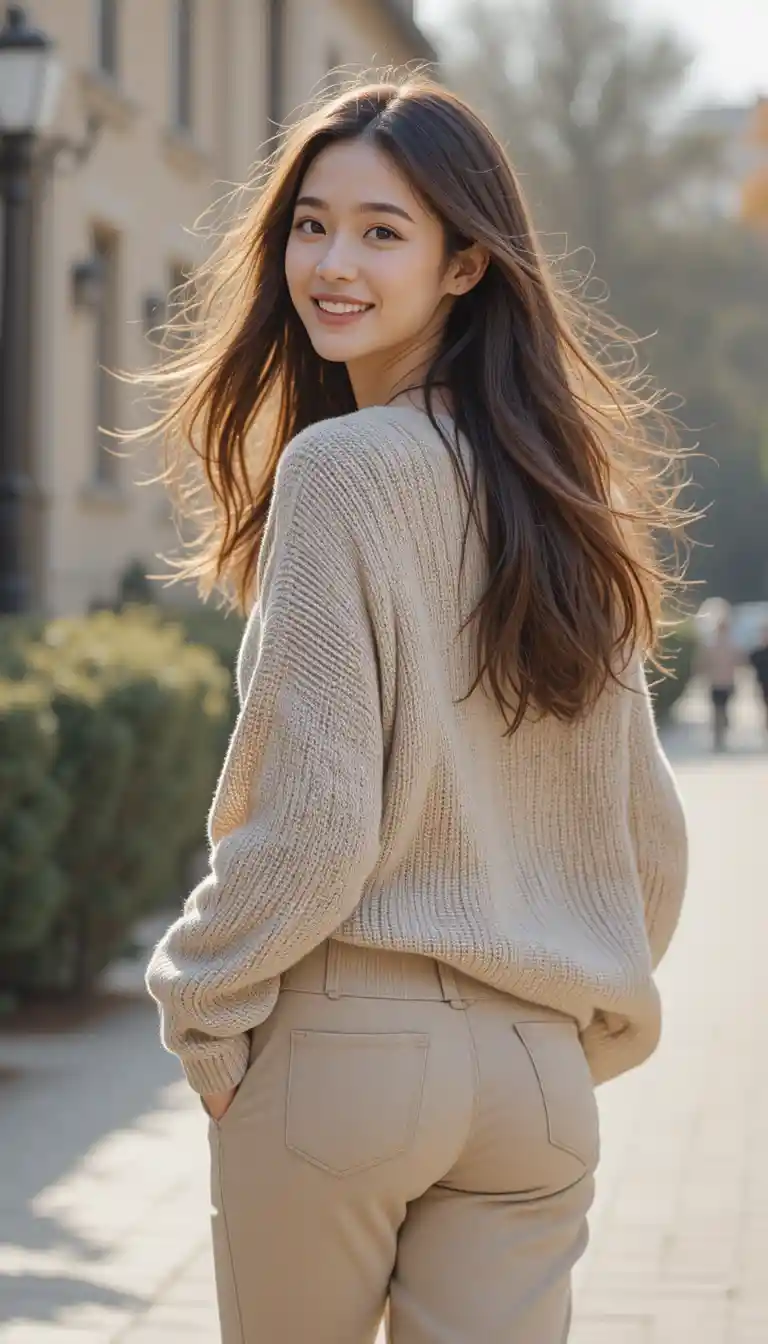 Smiling girl walking forward in a relaxed medium shot