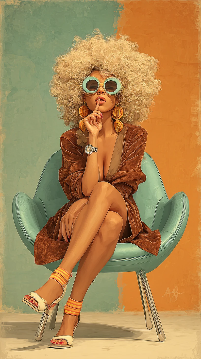 Stylized blonde woman in chair with bold pop art fashion