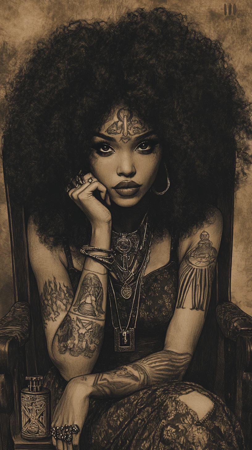 Charcoal caricature of a woman with oversized curly afro hair