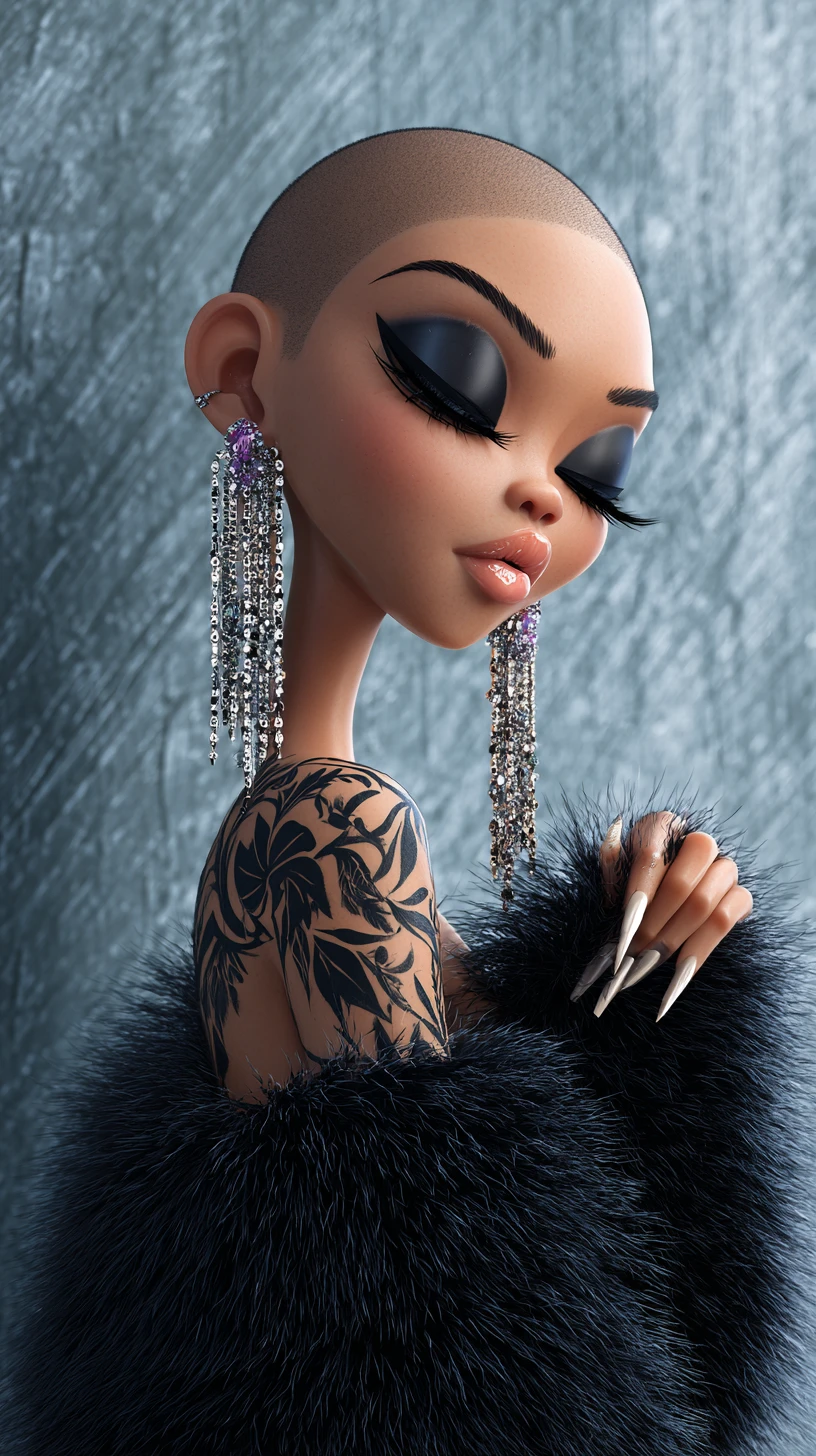 Glamorous 3D portrait of a bald woman with bold makeup