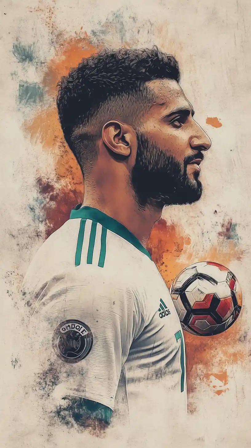 Colored pencil close up of Algerian soccer player balancing ball