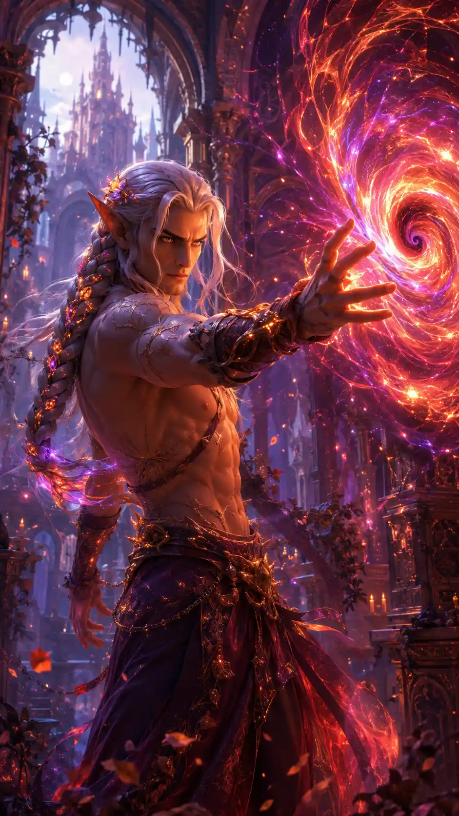 Elf witcher summoning a fiery magical vortex in castle