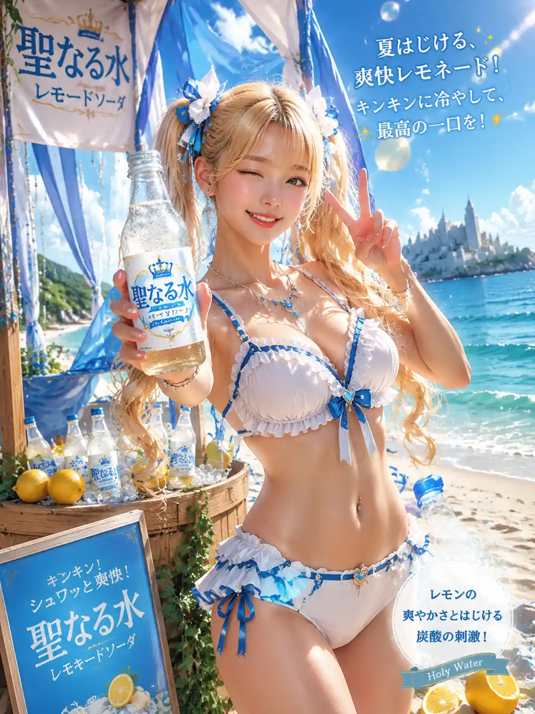 Modella coreana bionda in spiaggia che presenta una soda alla limonata frizzante