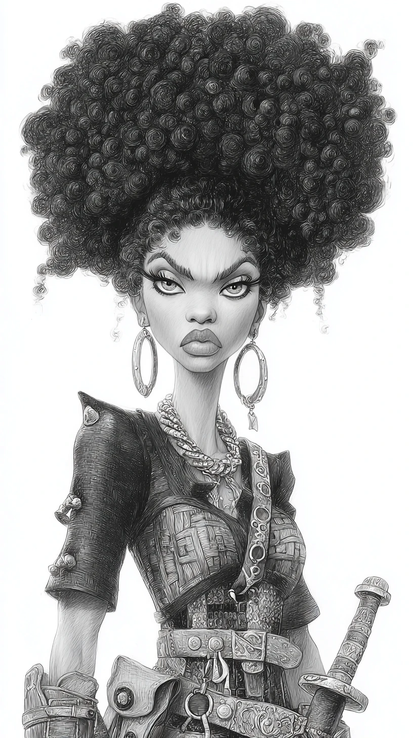 Charcoal portrait of woman with massive afro and long neck