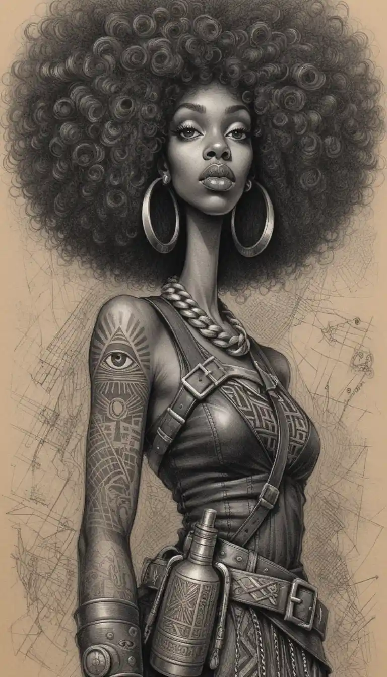 Charcoal portrait of a warrior woman with massive afro hair