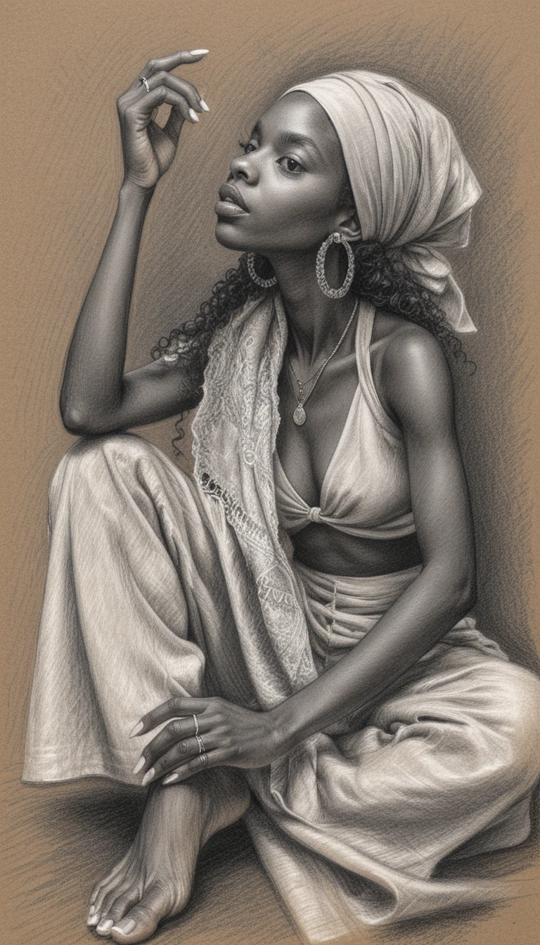 Contemplative woman in charcoal full body portrait drawing
