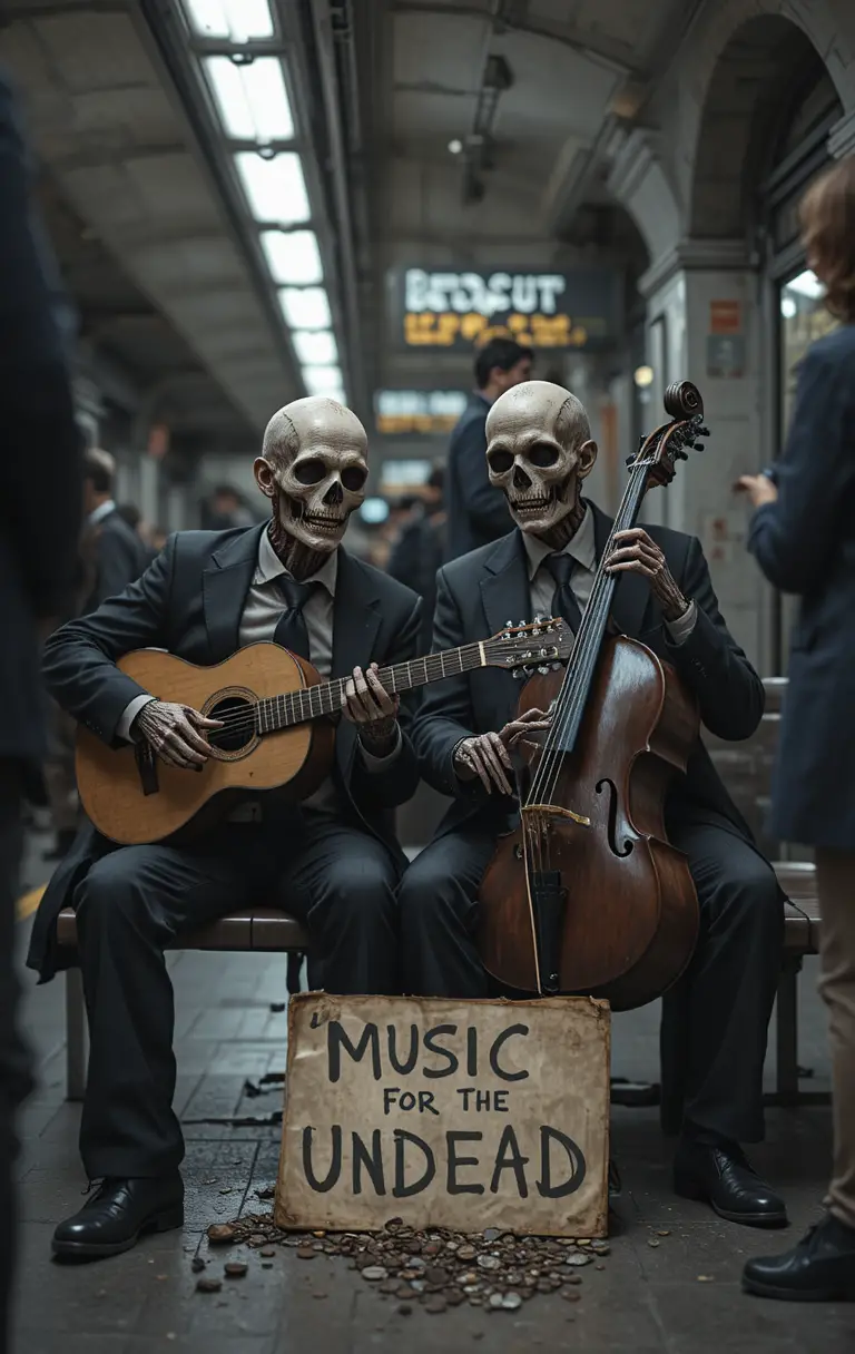Undead skeleton musicians performing in a dim subway station