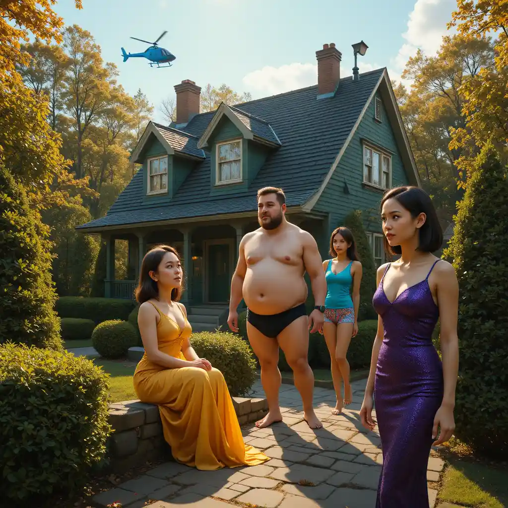 Woman in yellow dress outside a green shingled house