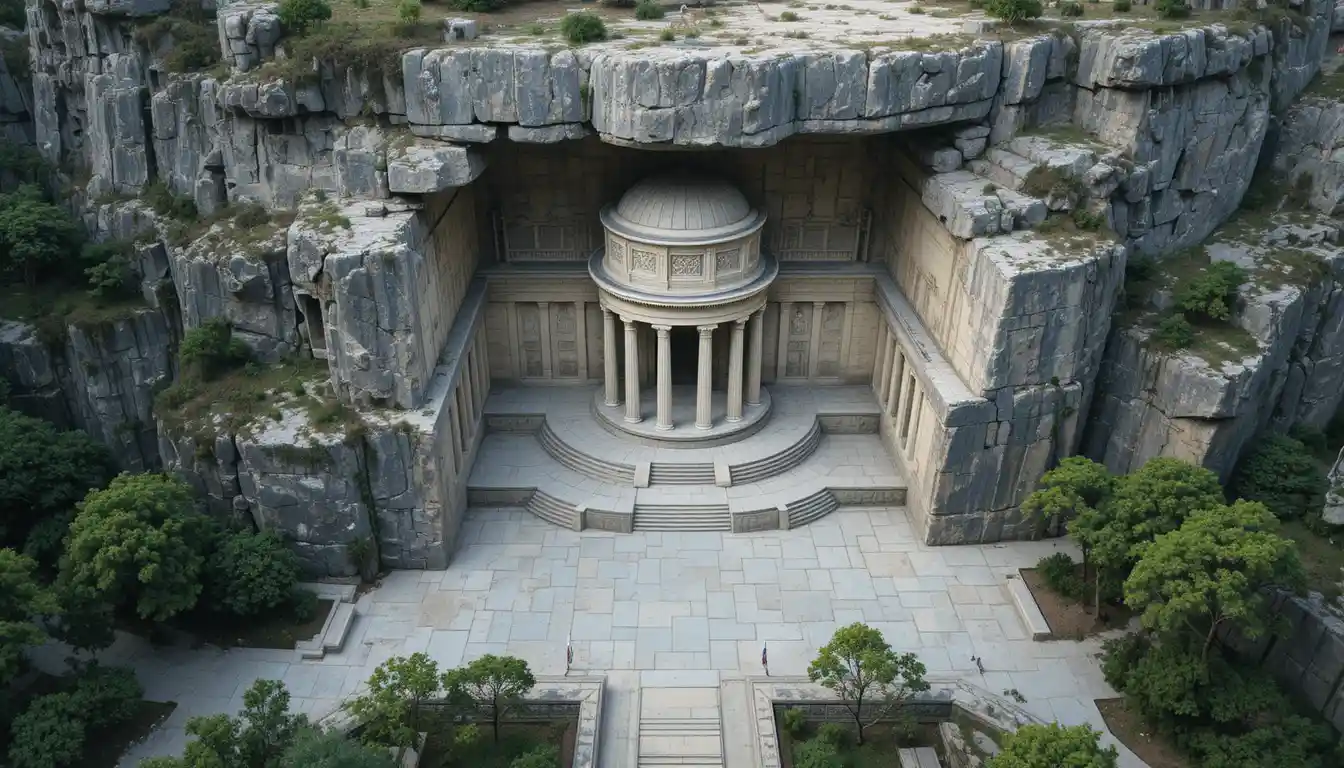 Ancient rock cut monument carved into a towering cliff face
