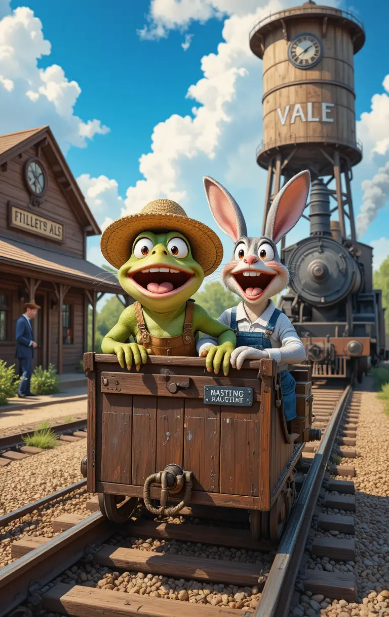 Anthropomorphic Frog And Rabbit Riding A Railway Handcar