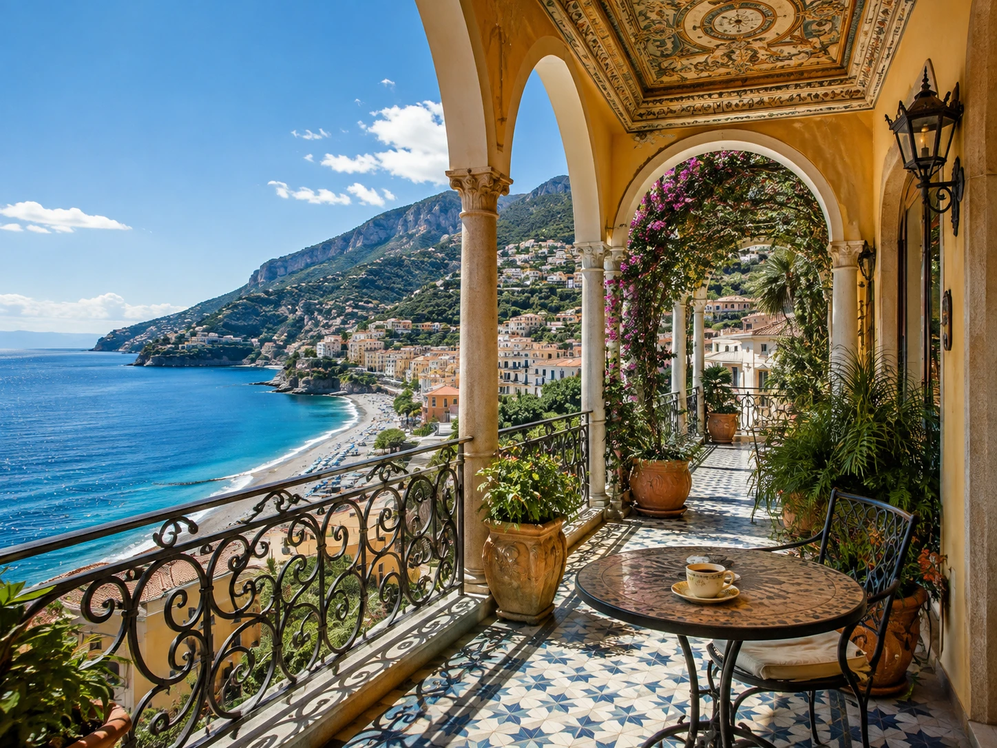 Mediterranean balcony overlooking a peaceful coastal town