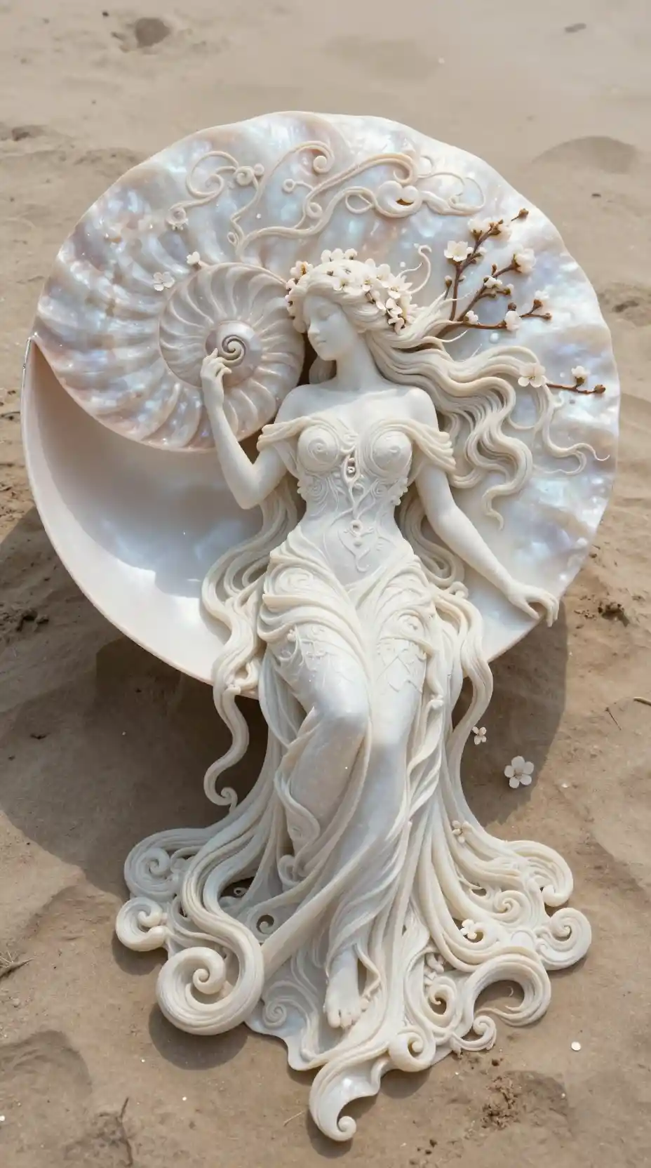 Vista dall’alto di conchiglia di nautilus intagliata con donna serena