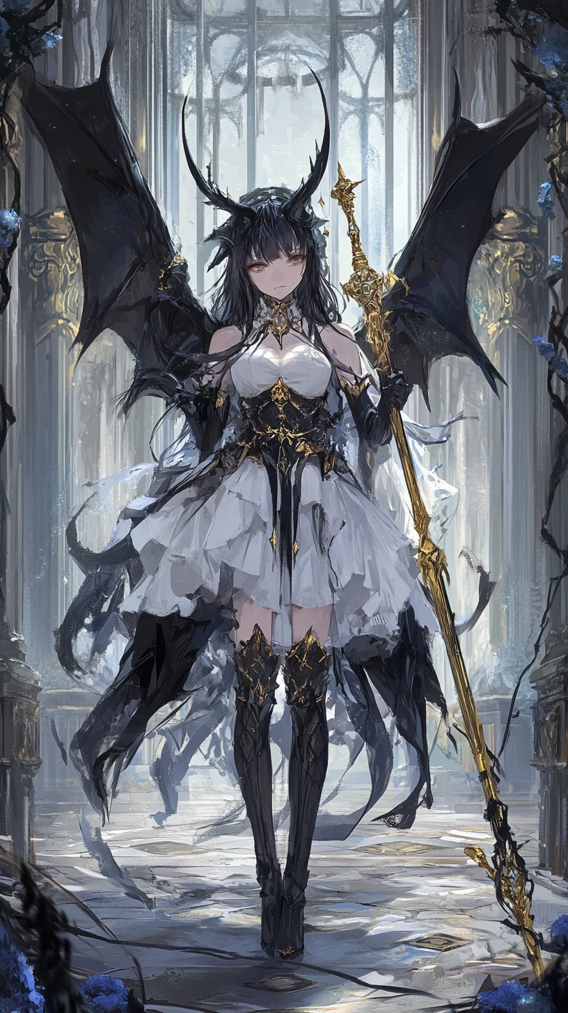 Anime girl with demonic horn in ornate throne hall