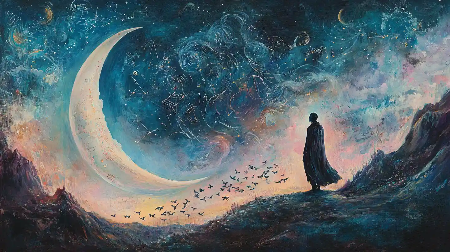 Supernatural guardian walking beneath an enormous crescent moon