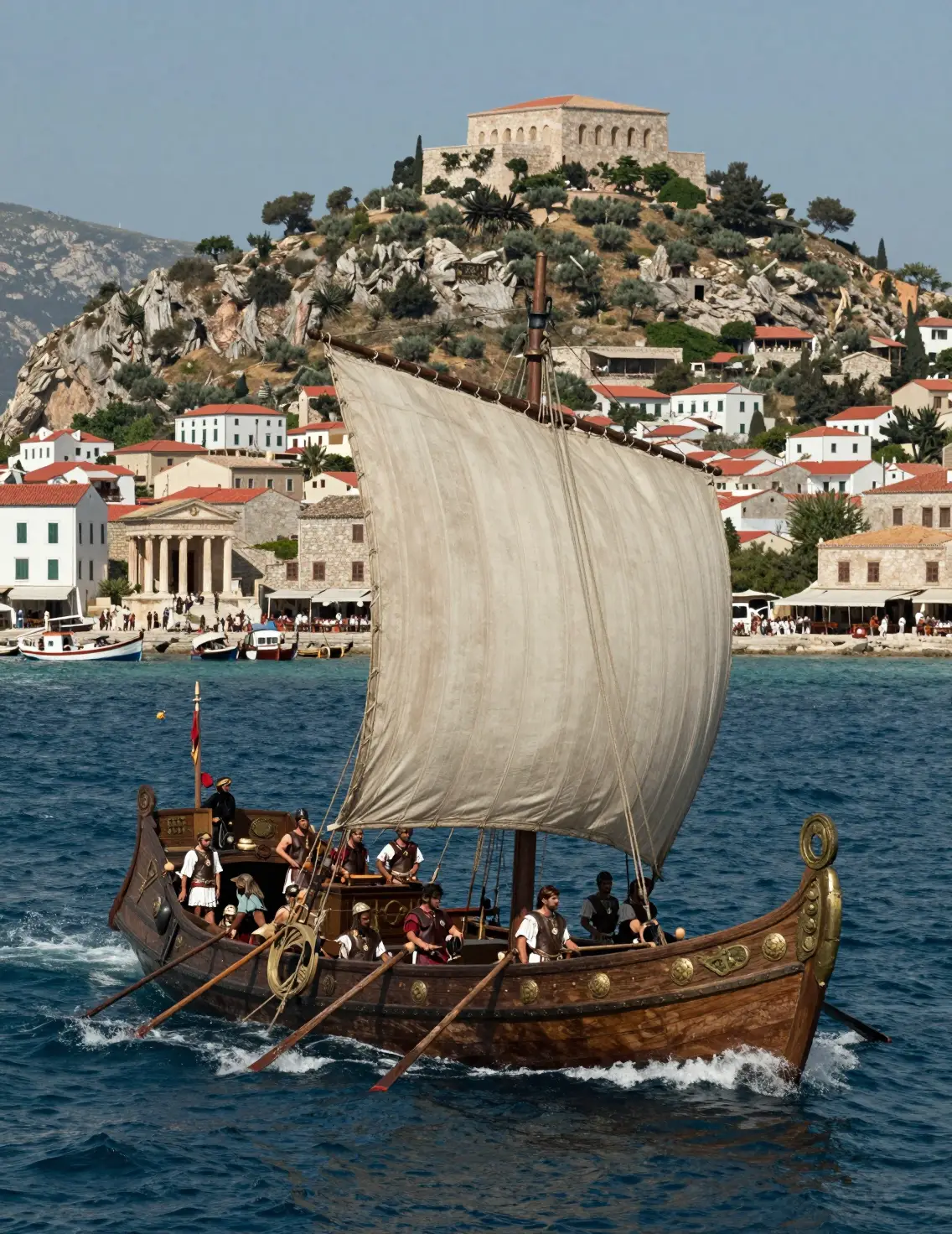 Ancient Roman Trireme Sailing Past A Mediterranean Town