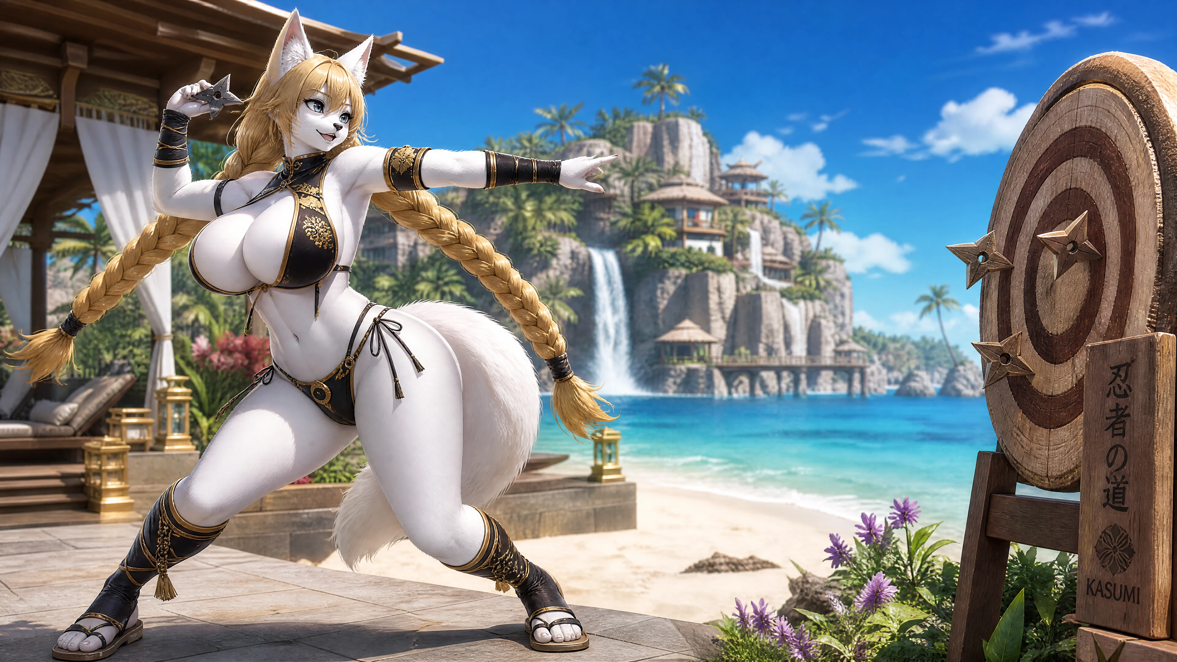 Fox ninja woman training with shurikens on tropical beach