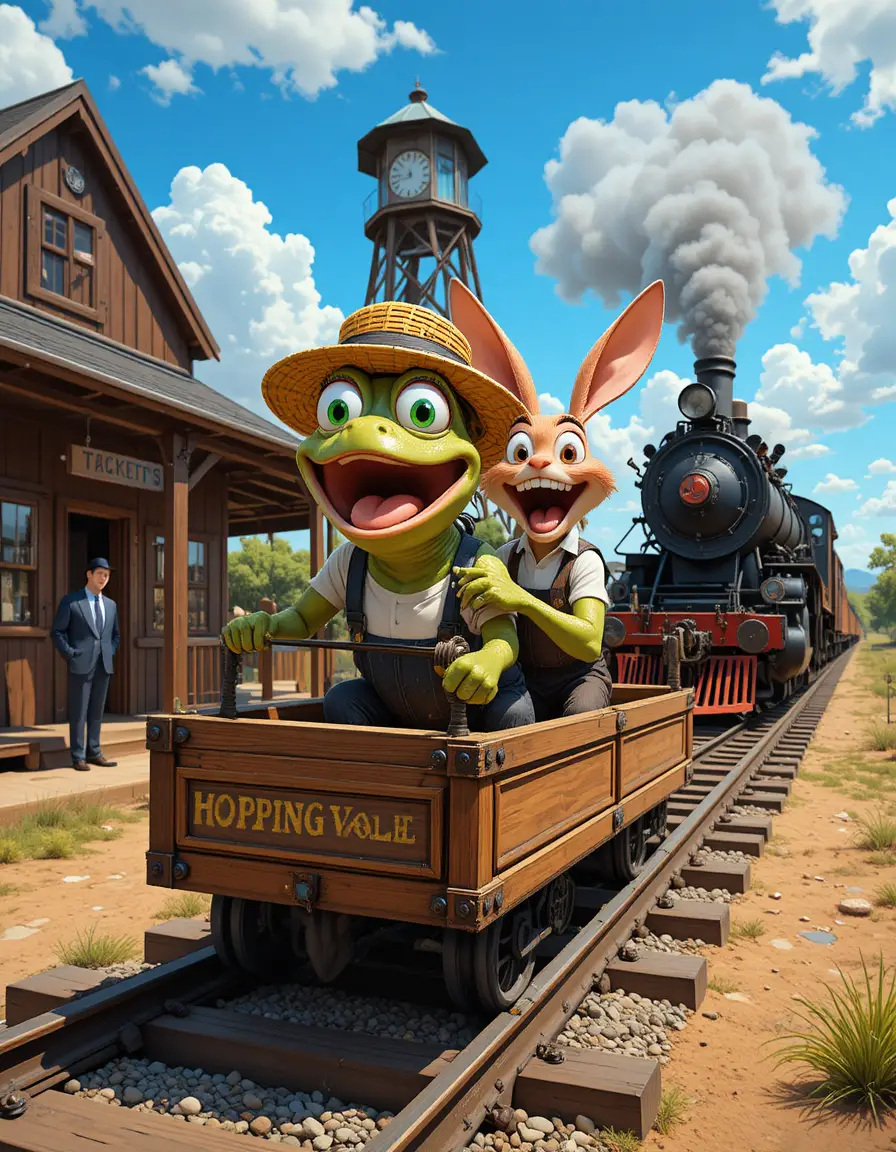 Frog and rabbit powering a playful railway handcar ride