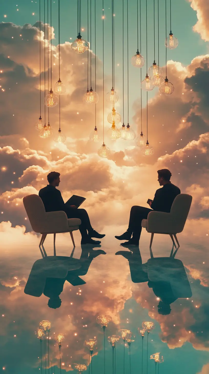 Two figures in armchairs floating on glowing clouds