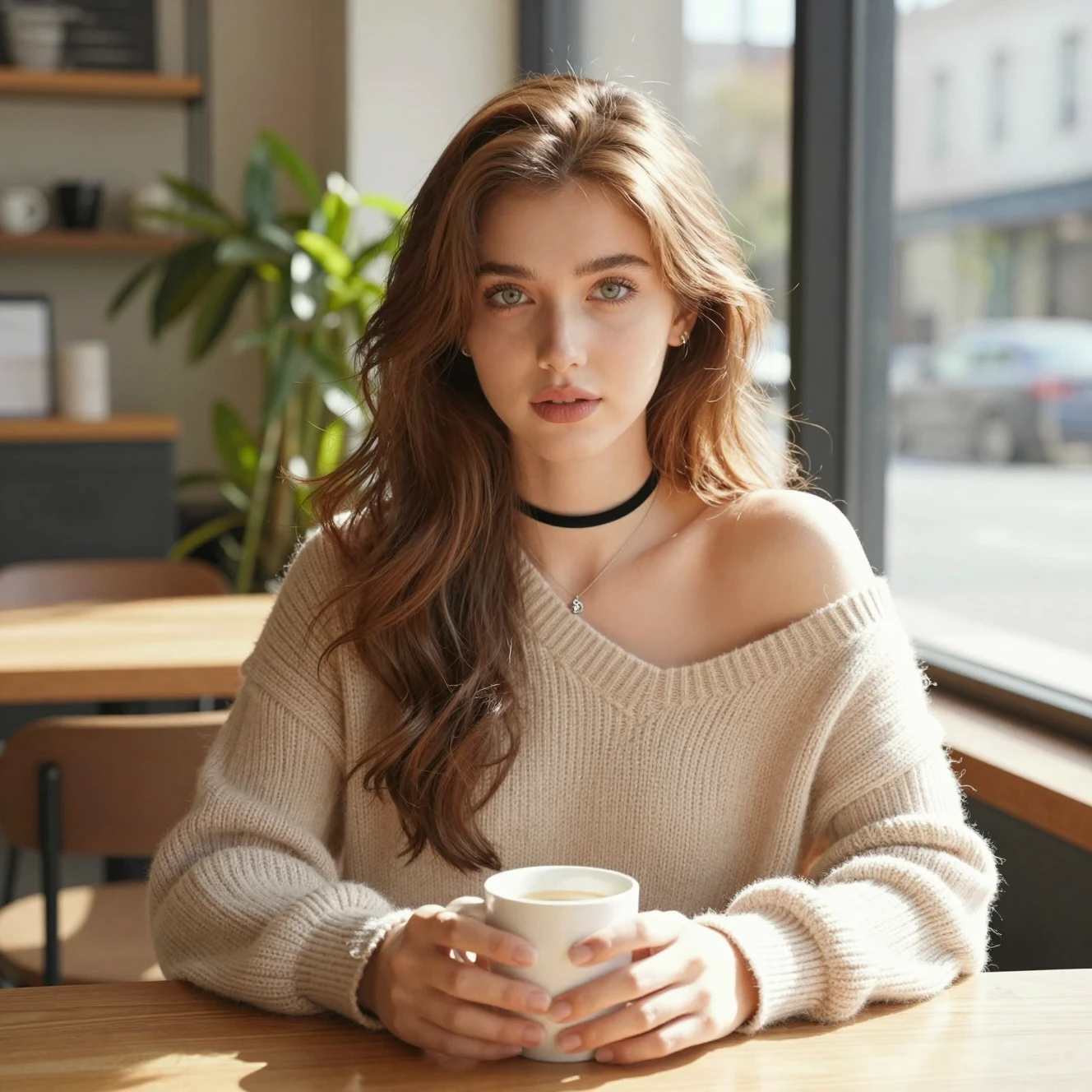 Young woman enjoying coffee in a bright cozy cafe