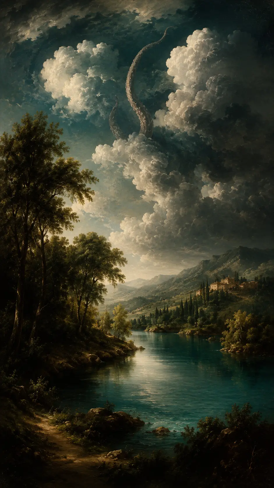 Baroque landscape with teal lake and descending tentacle