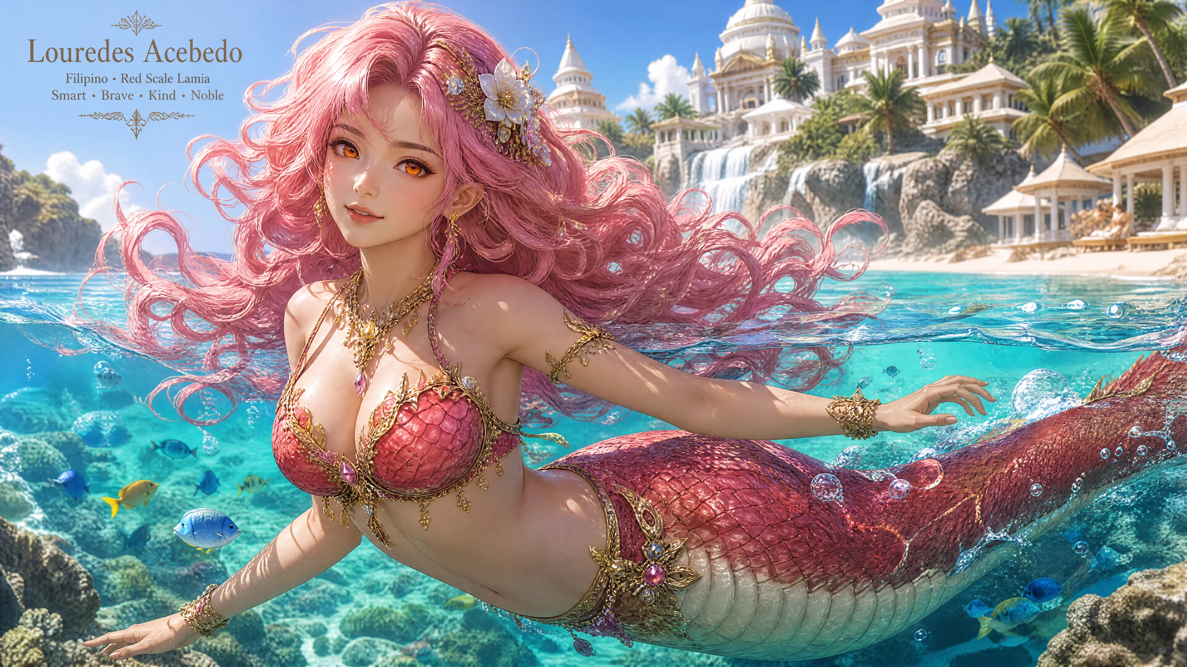 Pink haired lamia woman swimming in a tropical ocean