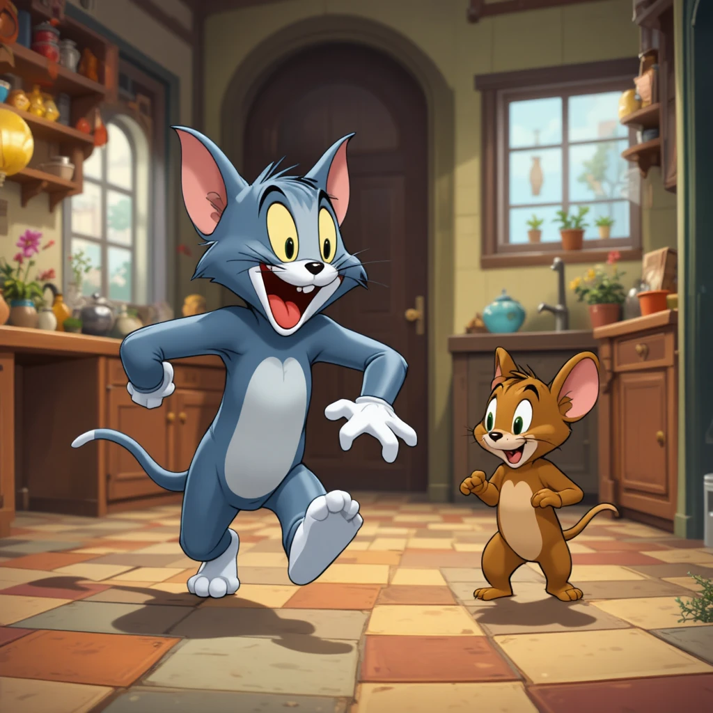 Playful cartoon cat chasing mouse in vintage cozy home