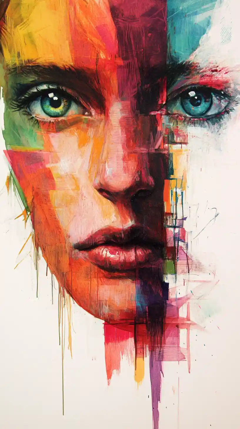 Abstract negative space painting with hidden colorful symbols