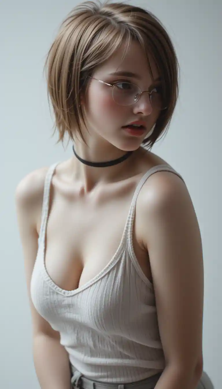 Emo teen girl in loose tank top with glasses profile