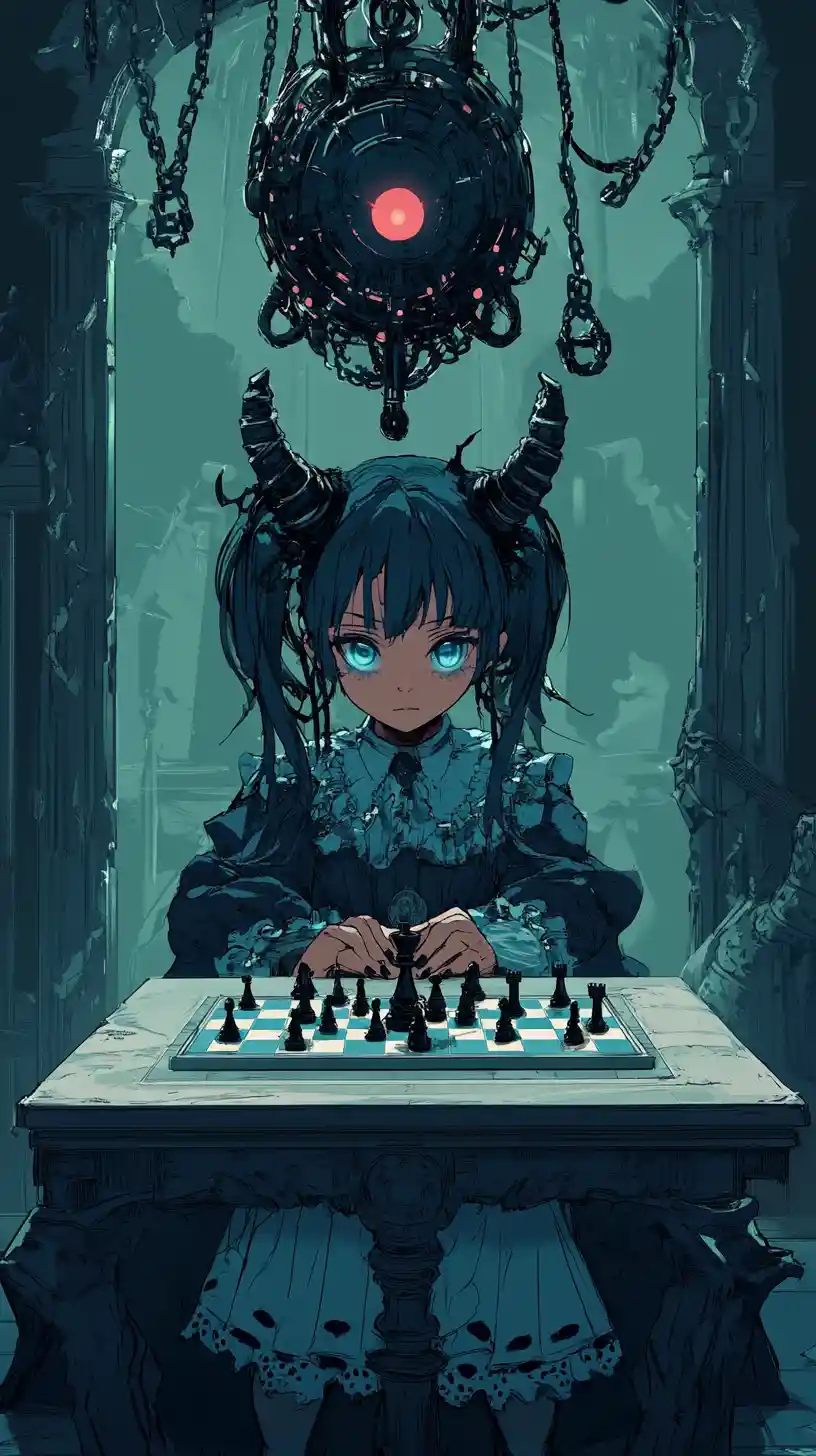Anime girl playing chess with her mirrored reflection
