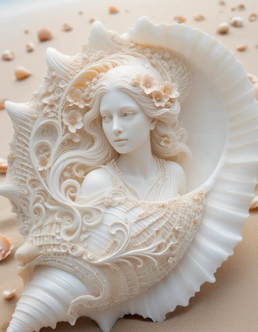 Art Nouveau woman carved into giant nautilus shell
