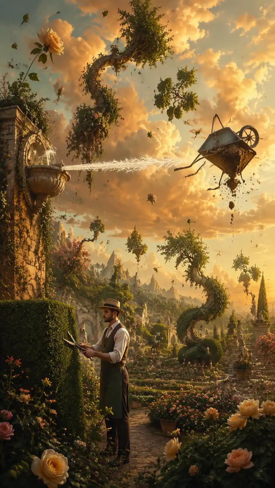 Gardener Trimming Hedges In A Surreal Gravity Defying Garden