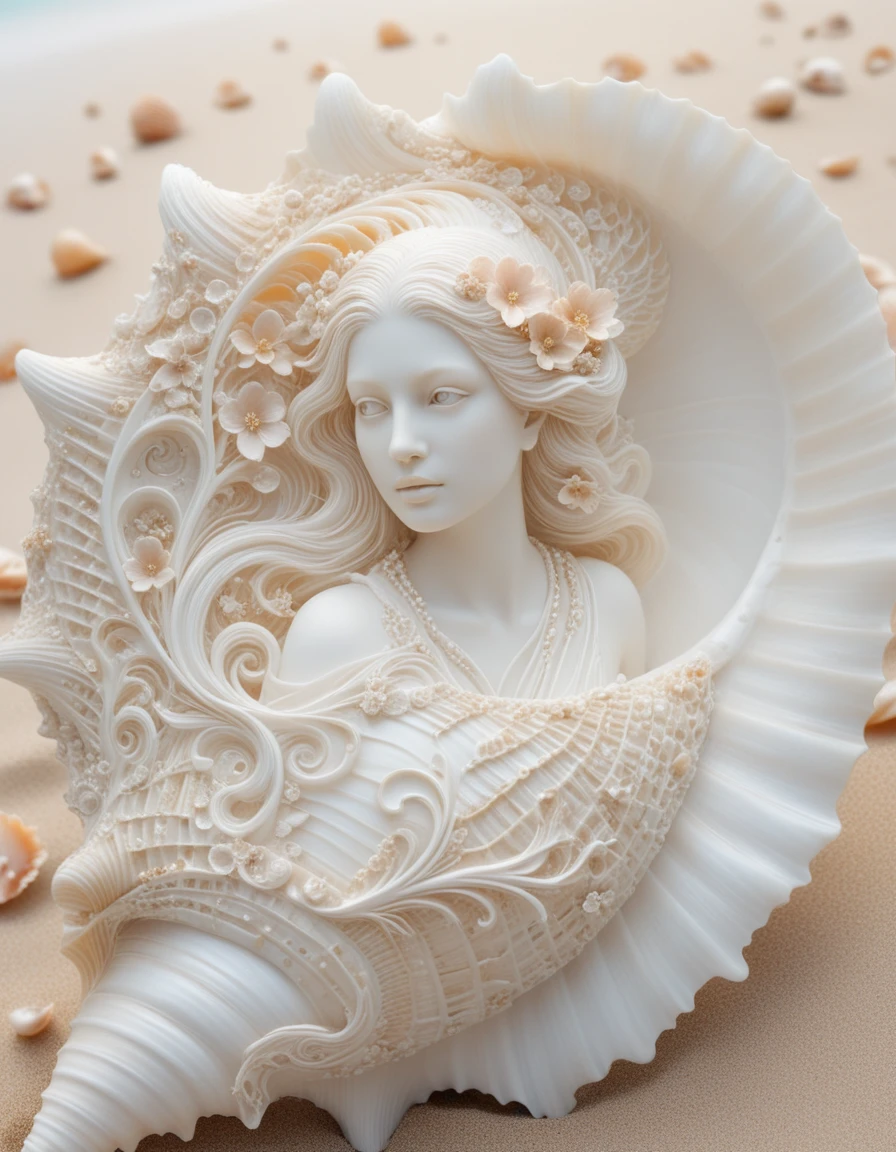 Art Nouveau woman carved into giant nautilus shell