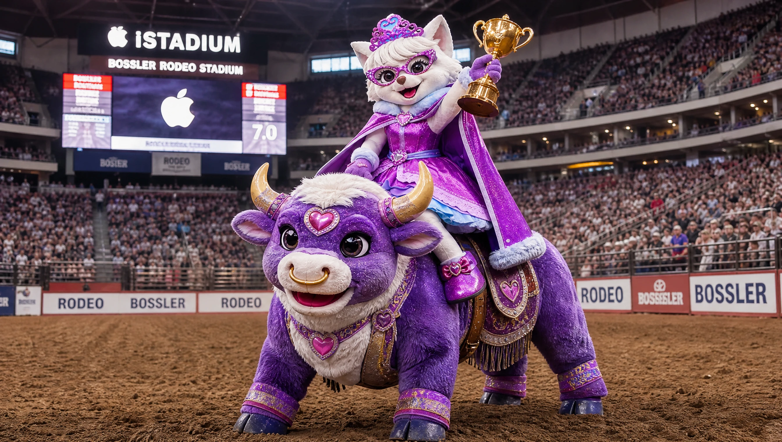 Dog mascot riding bull mascot in rodeo sports stadium