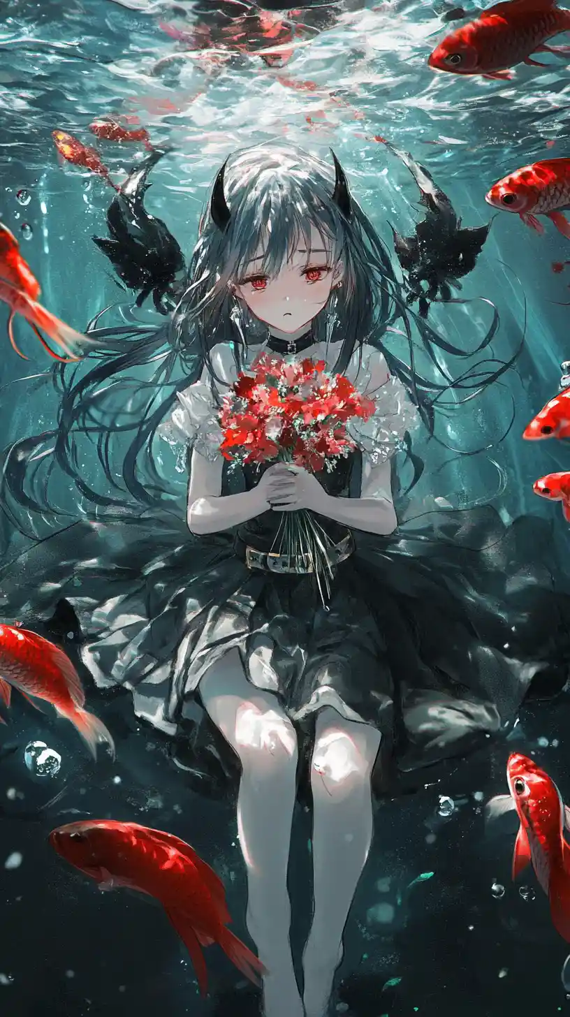 Sad anime girl walking through a field of buried swords
