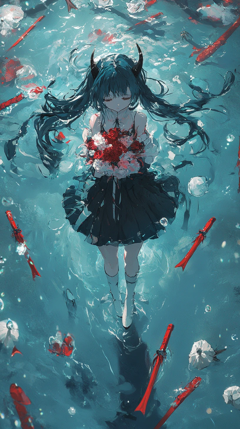 Sad anime girl walking through a field of buried swords