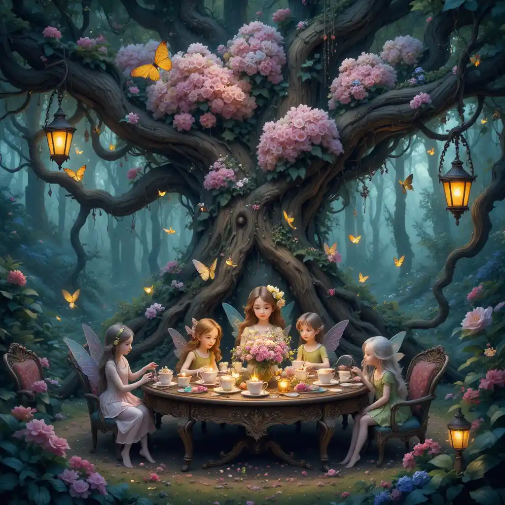 Magical Fairy Tea Party Under A Flowering Forest Tree