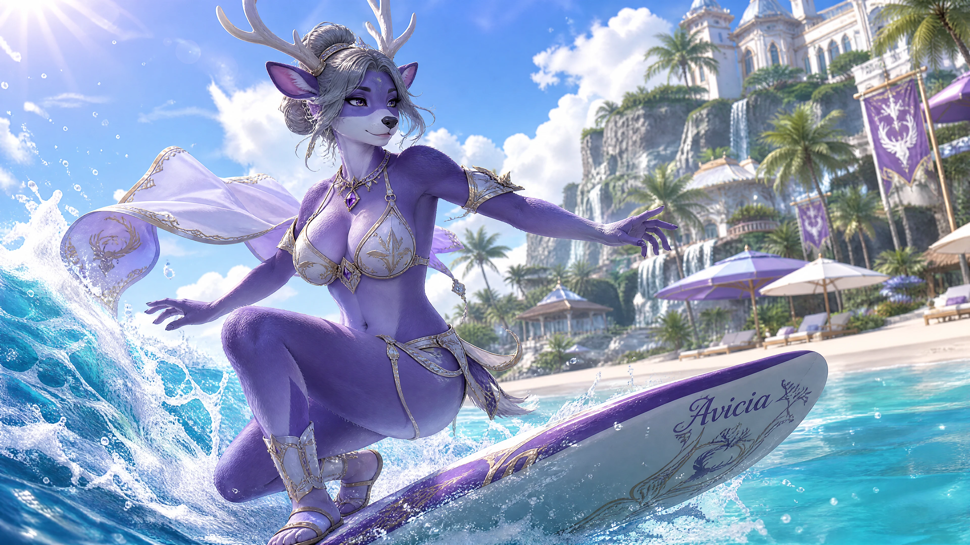 Fantasy reindeer woman surfing waves on tropical beach