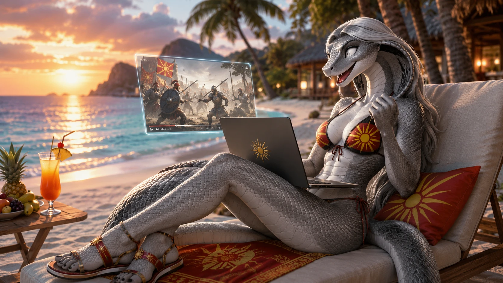 Anthro cobra woman relaxing on a beach with laptop