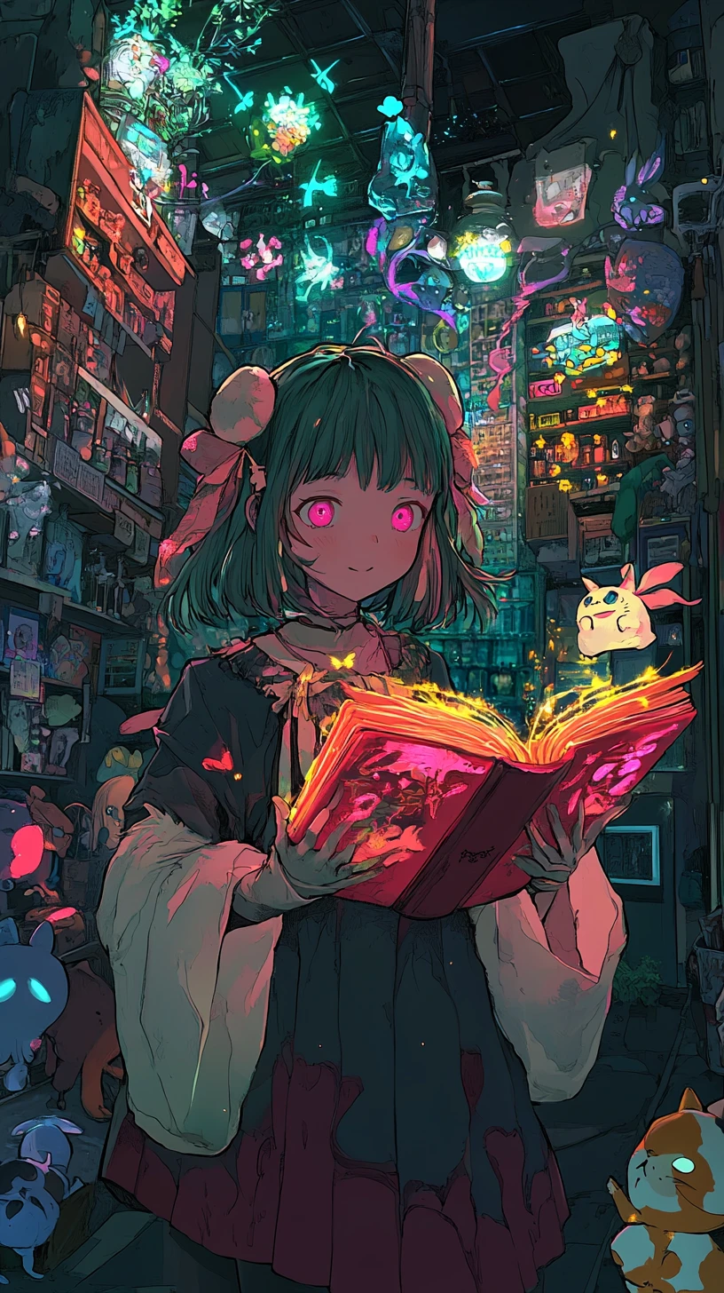 Anime girl holding a demonic book before a ruined castle