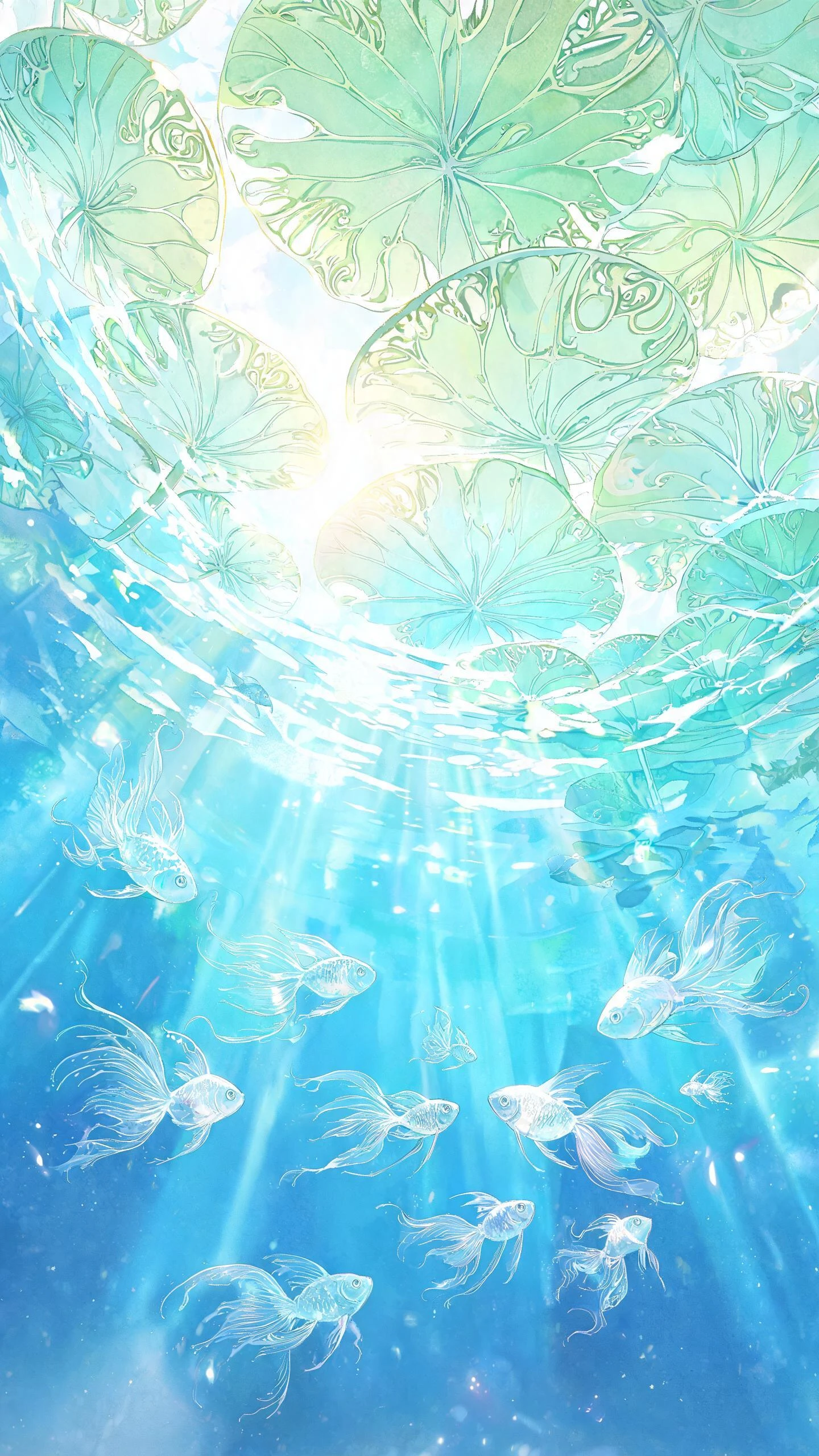 Underwater view of glowing fish and giant lily pads