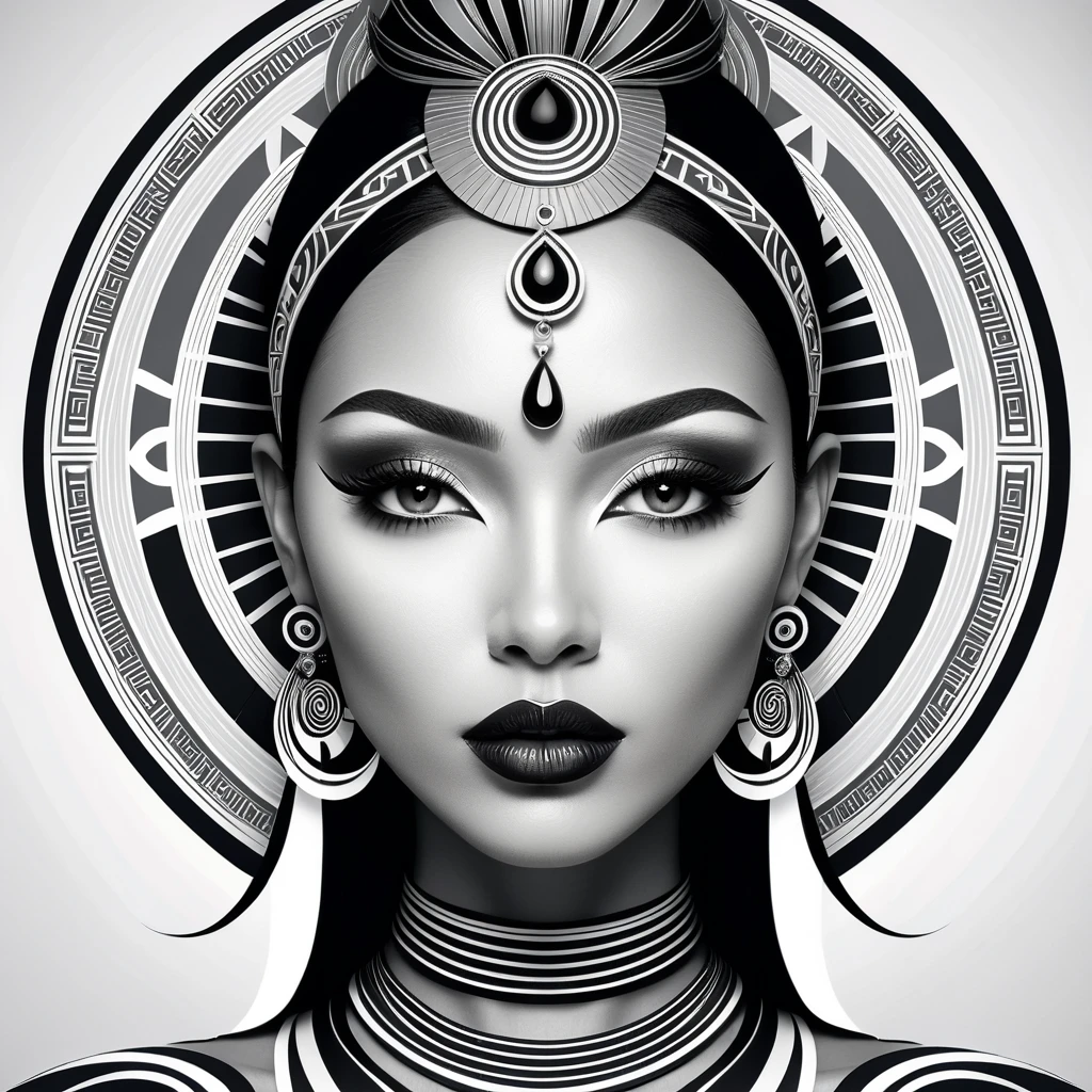 Stylized monochrome portrait of a woman with ornate hair