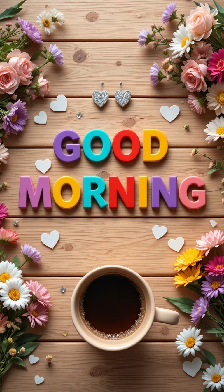 Colorful good morning typography on rustic wooden background