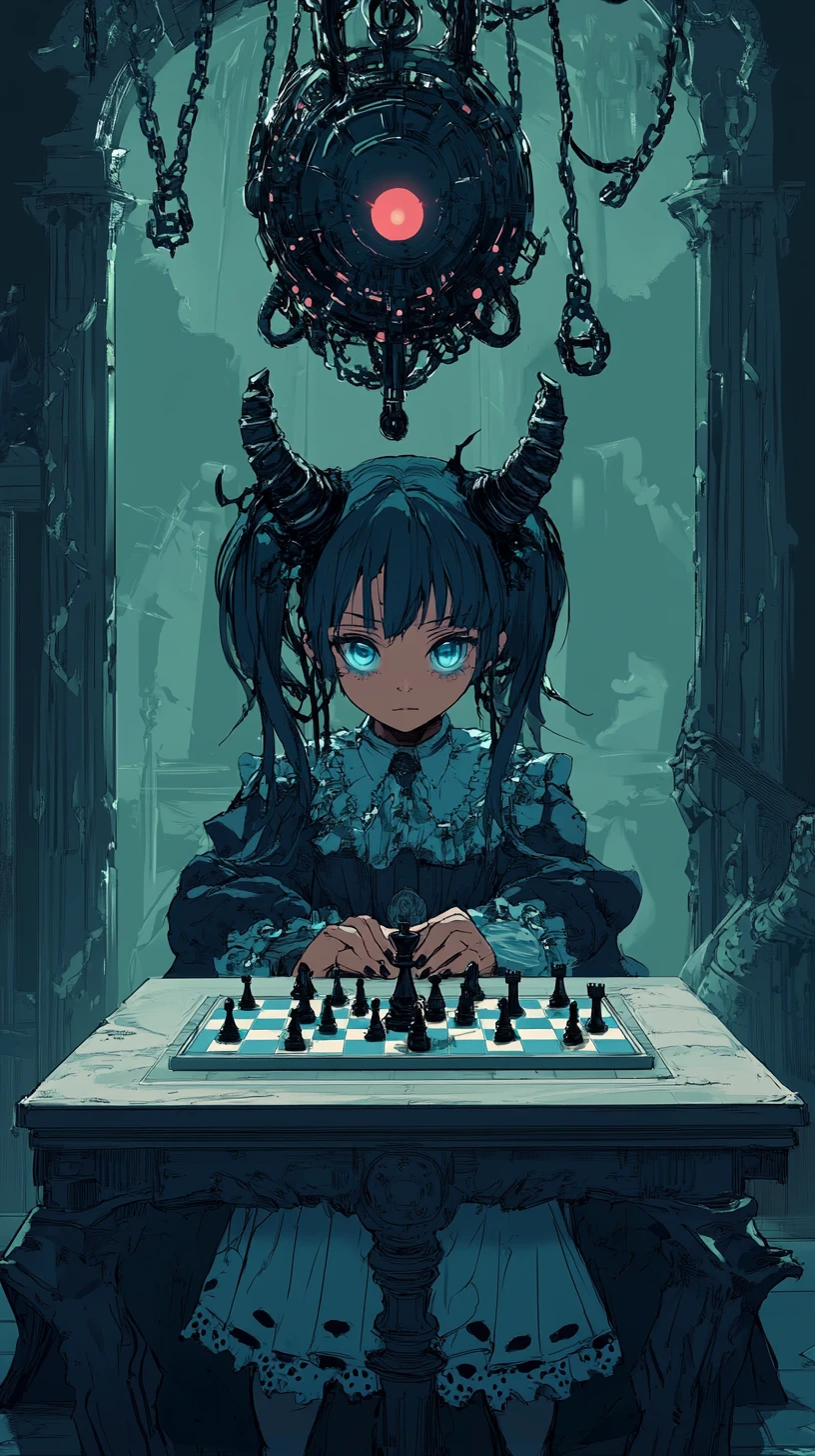 Anime girl playing chess with her mirrored reflection