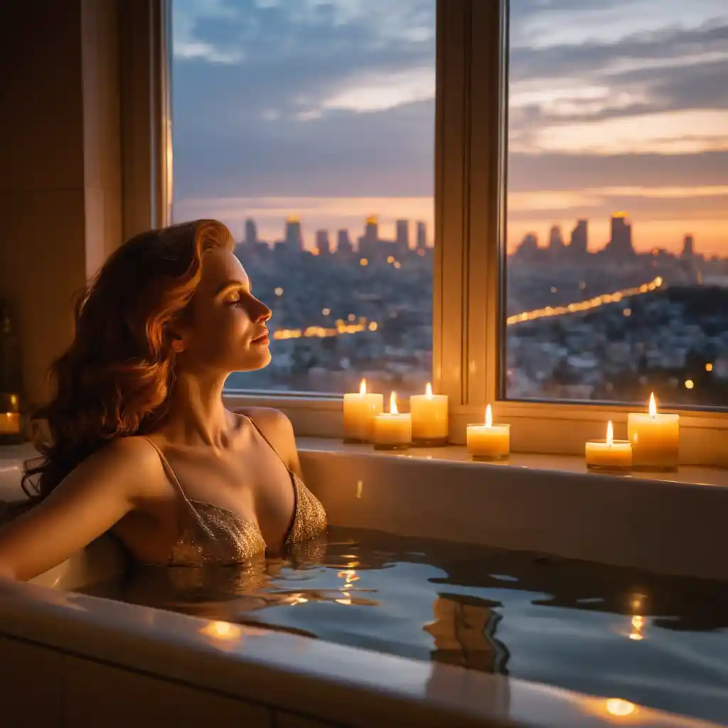 Red haired woman relaxing in a candlelit jacuzzi