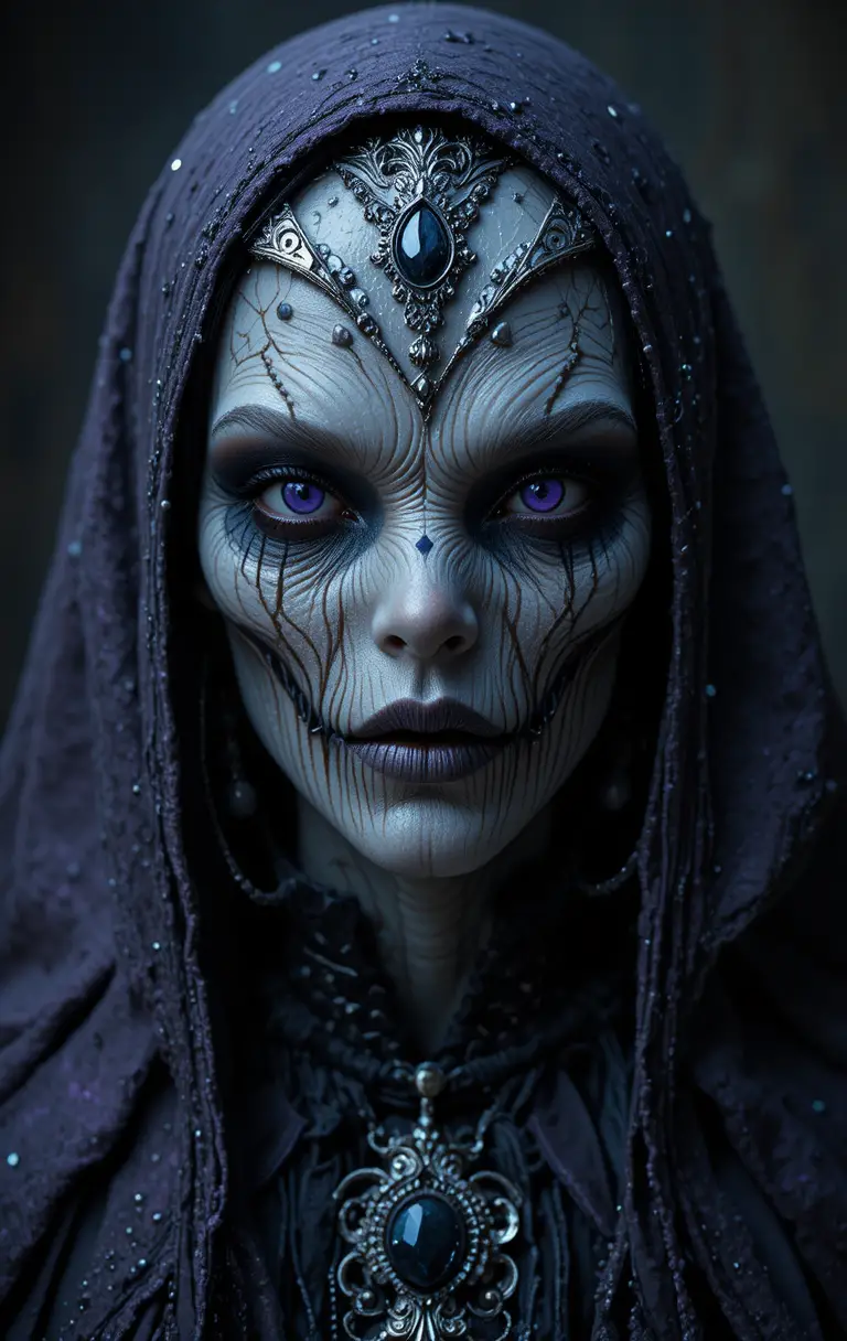 Creepy Rococo monster with metallic black midnight eyes