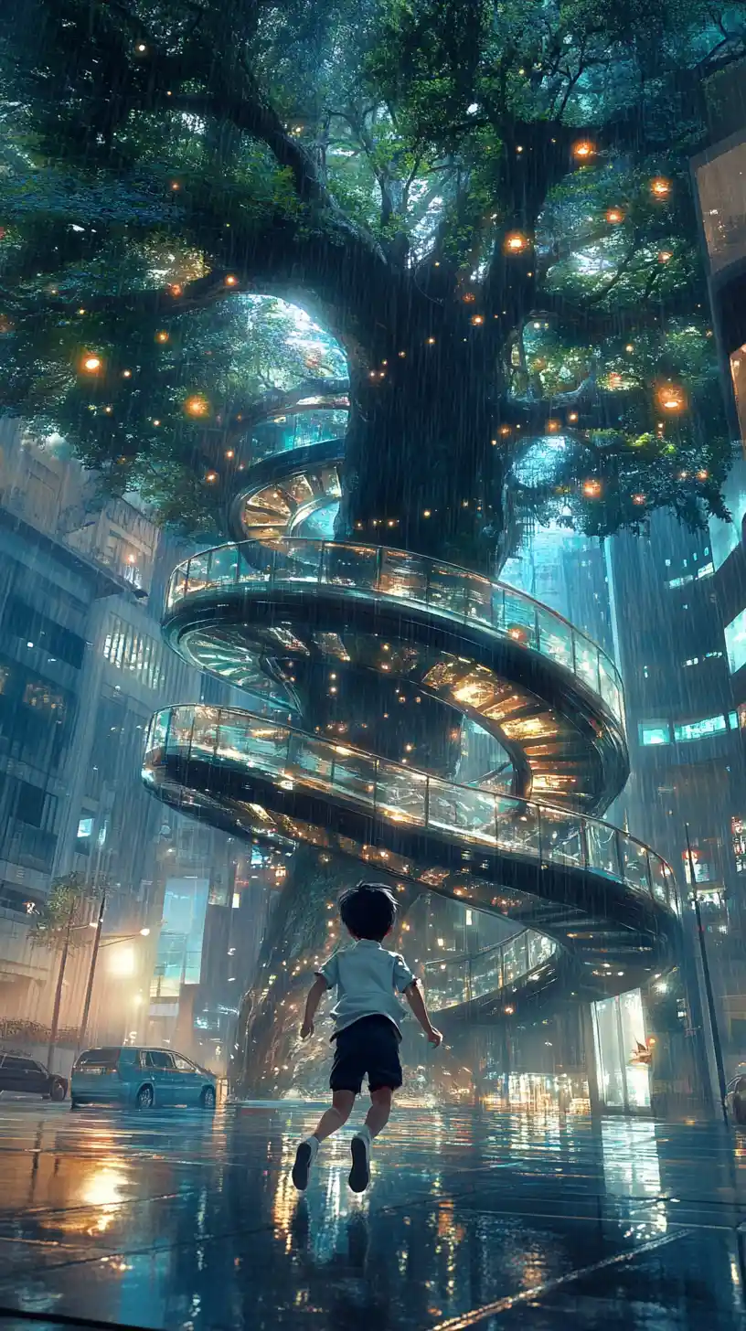 Schoolboy running down rainy spiral stairs in the city