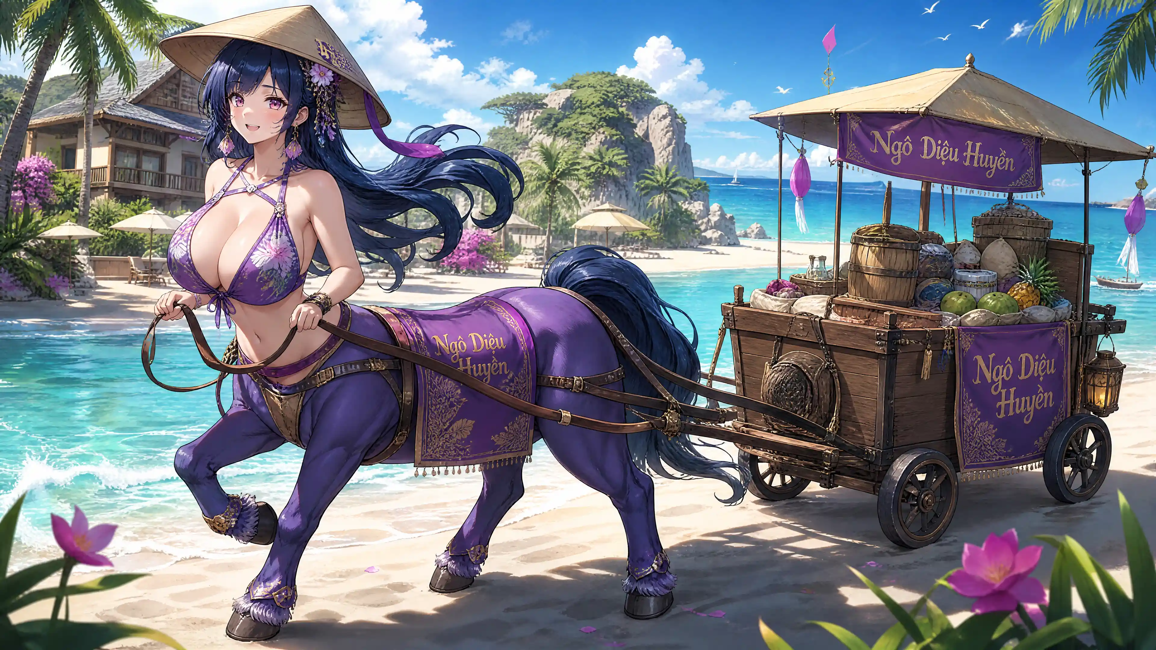 Vietnamese centaur woman pulling a supply wagon on beach
