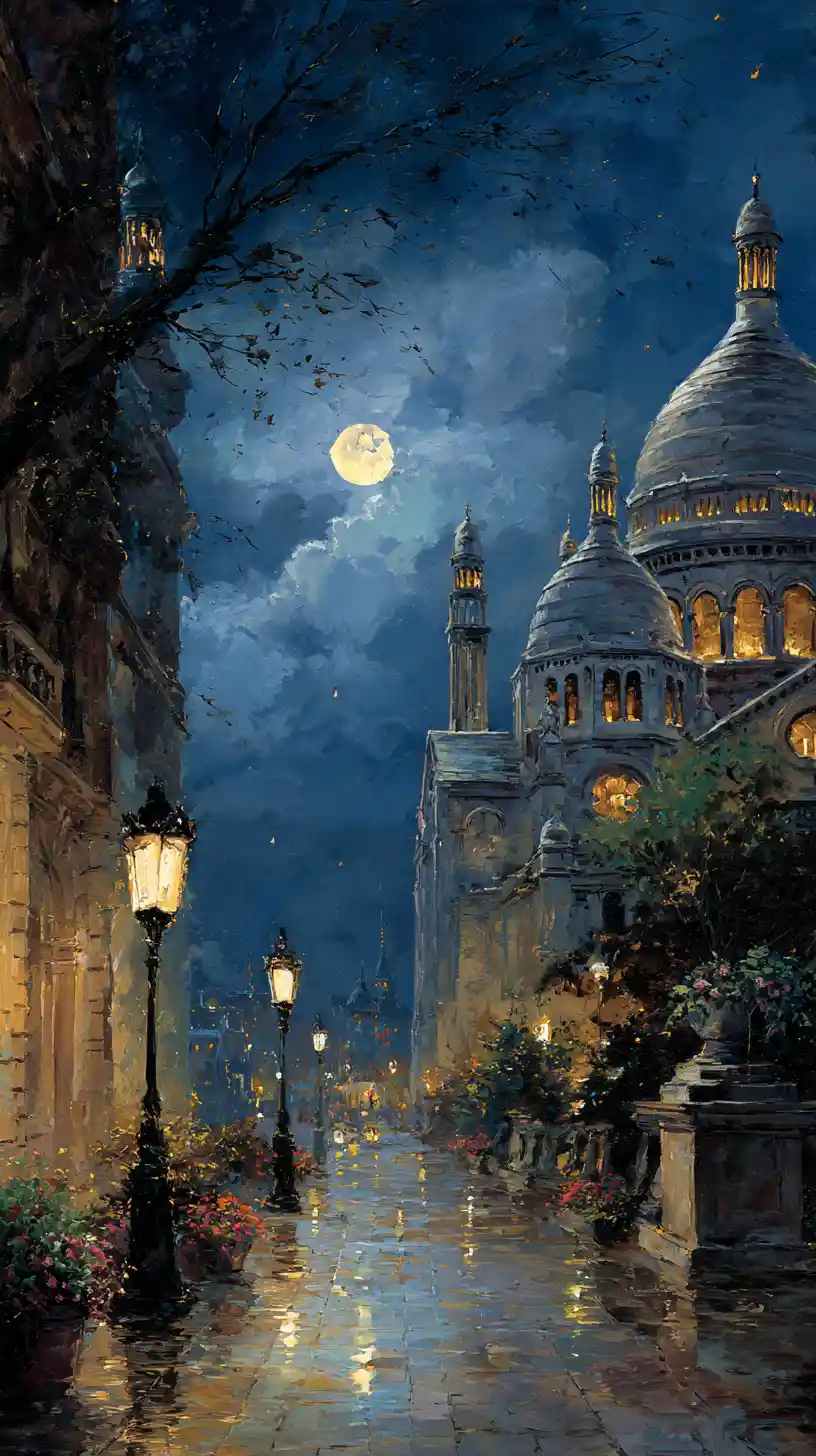 Romantic moonlit cathedral above a glowing European boulevard