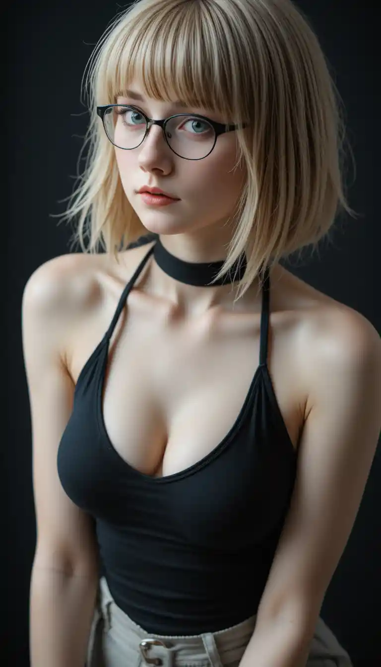 Ragazza gotica con occhiali che si sporge su sfondo nero
