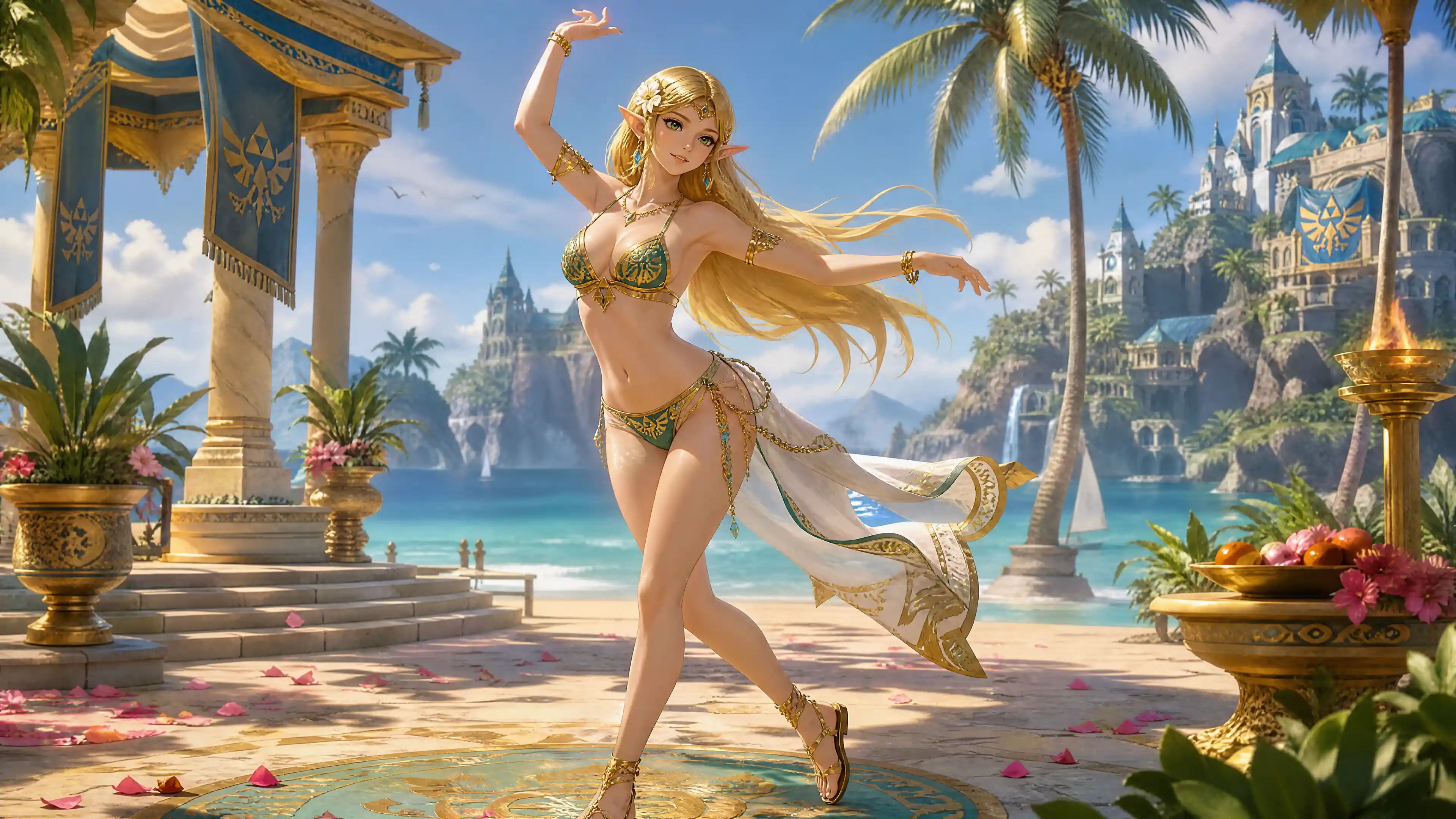 Blonde hylian woman dancing in a bikini on tropical beach